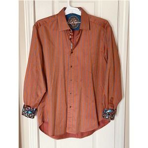 Robert Graham Mens Button Down Shirt Orange Striped Embroidered Flip Cuff Size M